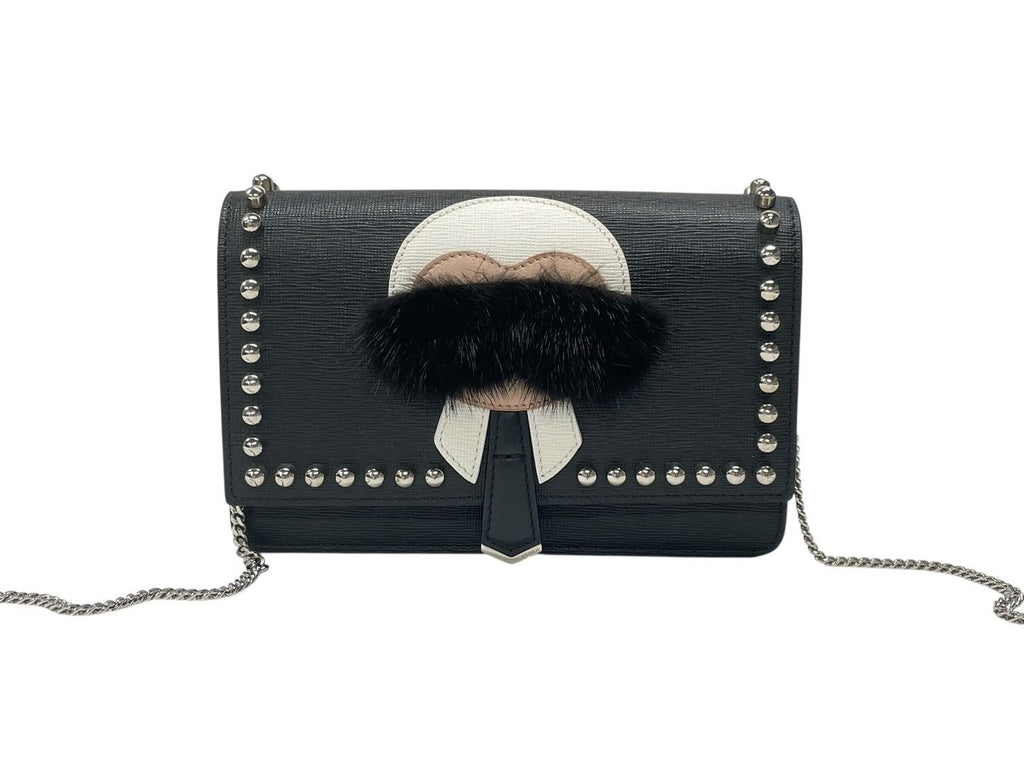Fendi Shoulder Bag Chain Wallet Karl Lagerfeld Leather Black Silver — view 2