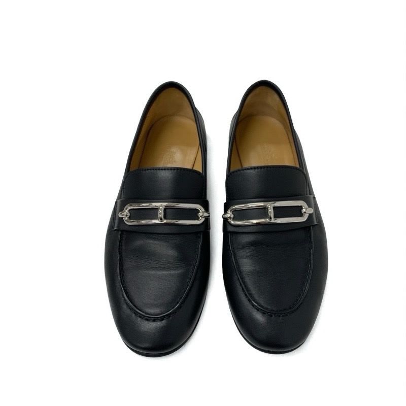 Hermes Colette Loafer Leather Shoes Black Silver Moccasin Flat — view 2