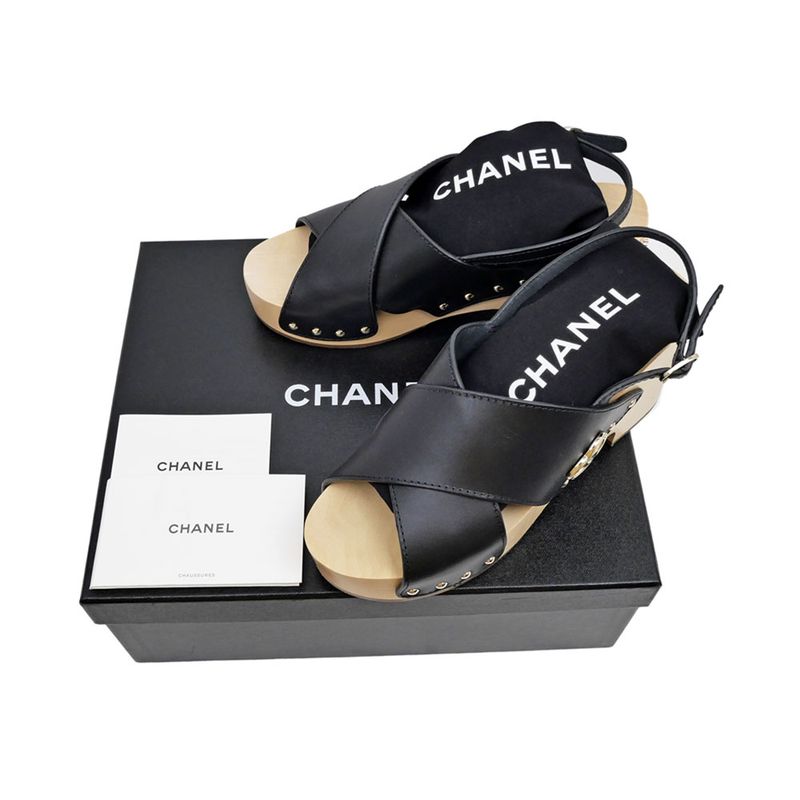 Chanel Wedge Sole Sandals Black Gdhardware Size 38 C Shoes — view 9
