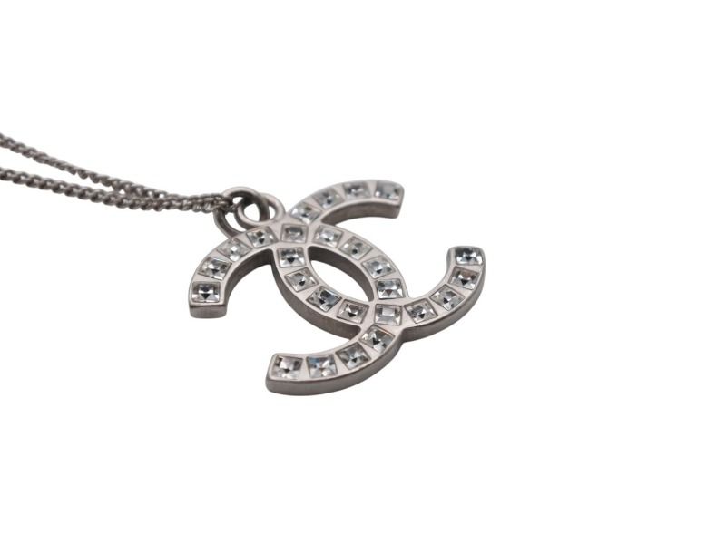 Chanel CC Logo Square Rhinestone Necklace 09 50 Silver Metal — view 3