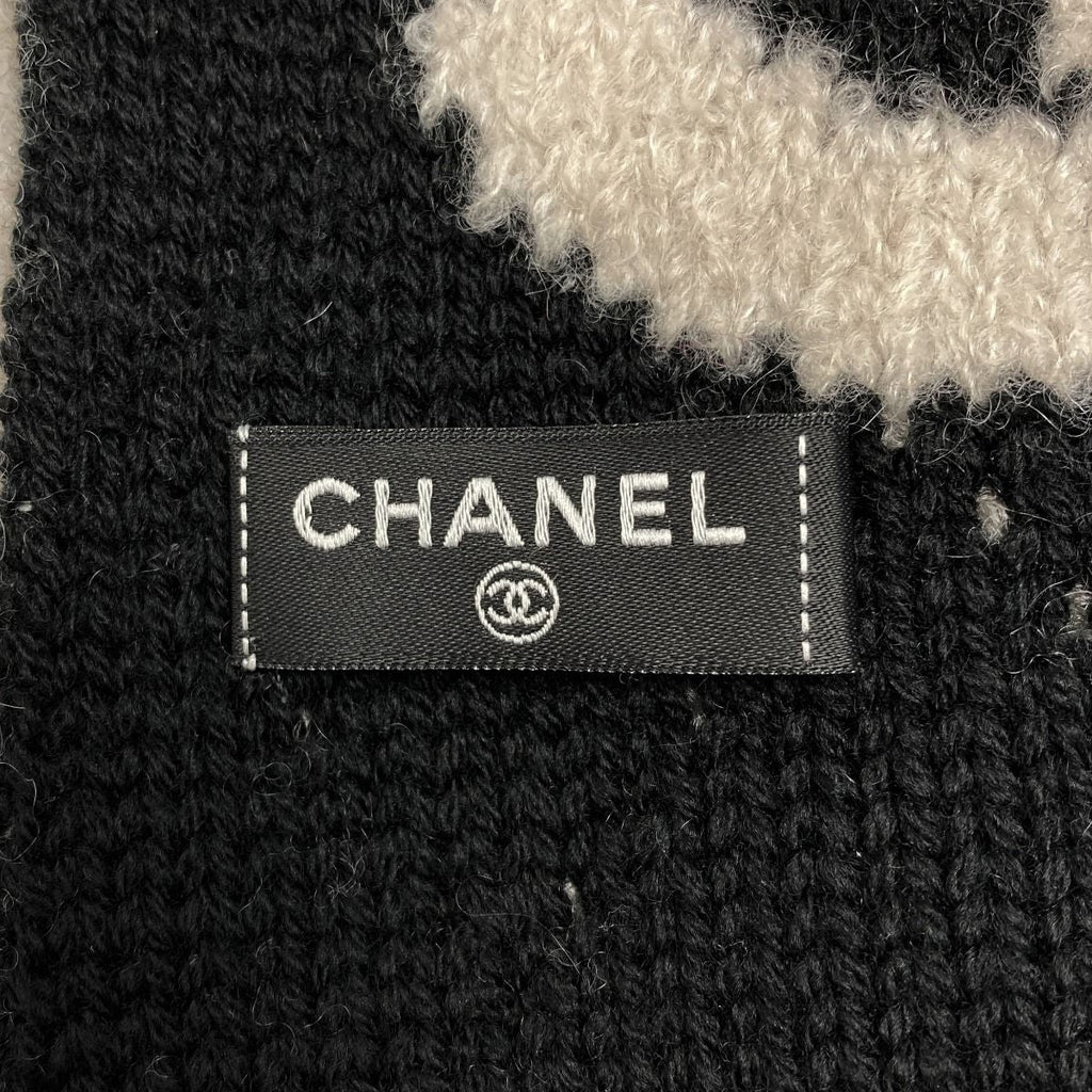 Chanel Logo Camellia Muffler Beige Black Wool Cashmere Silk Stole Scarf — view 4