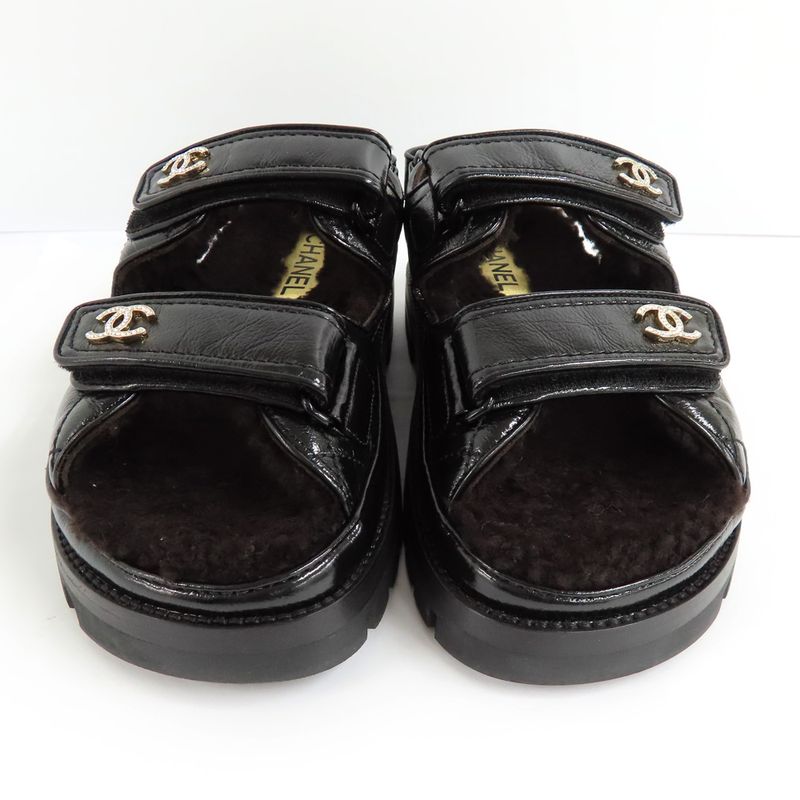 Chanel Sandals 23 K boa Rhinestone Coco Mark 38 Black Leather — view 3