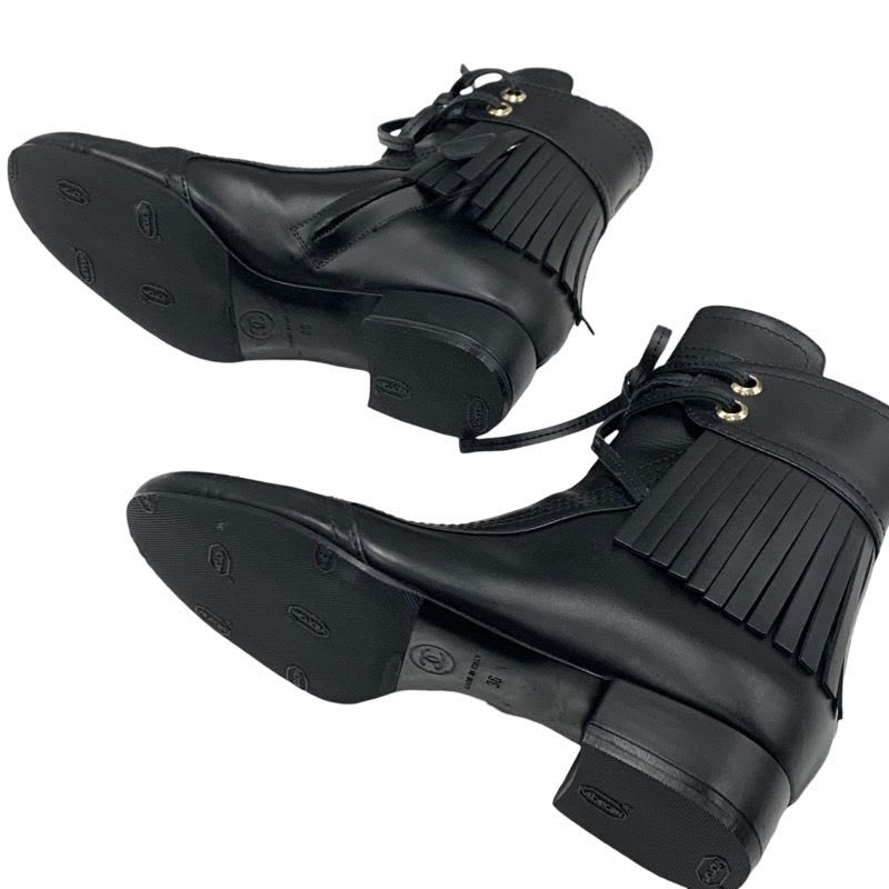 Chanel Boots Short Shoes Leather Black Coco Mark Fringe — view 7