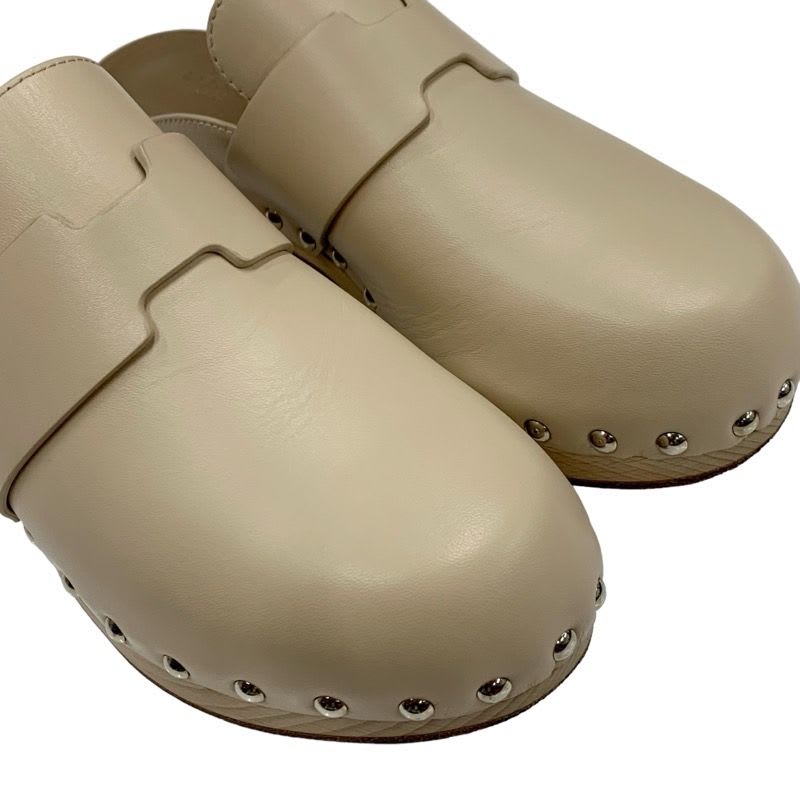 Hermes Karya Sandals Shoes Leather Wood Beige Studded Mules Sabot — view 9