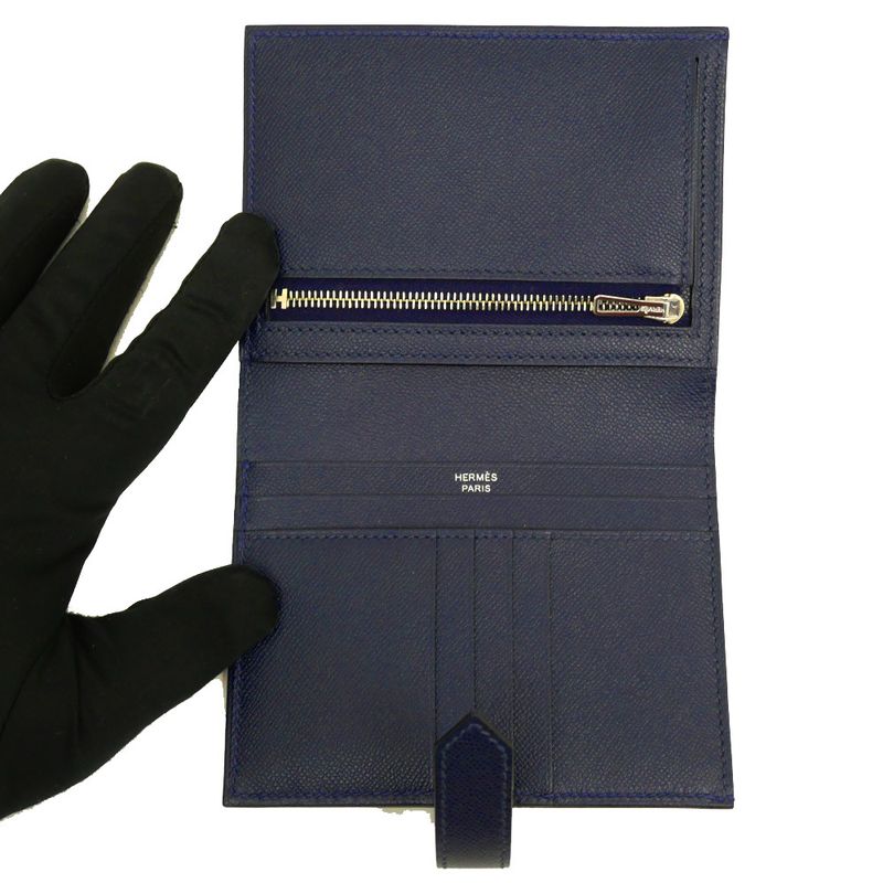 Hermes Bearn Compact Bifold Wallet Blue Nuit Silver Hardware Vo Madame — view 6