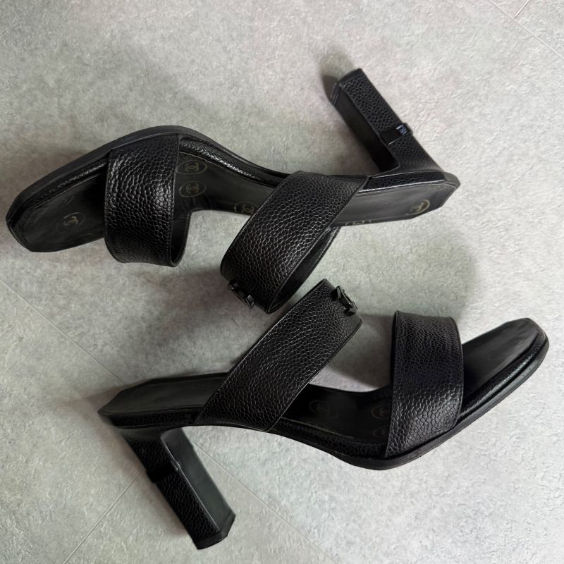 Chanel Coco Mark Caviar Leather Sandals Black 36 Mules — view 4