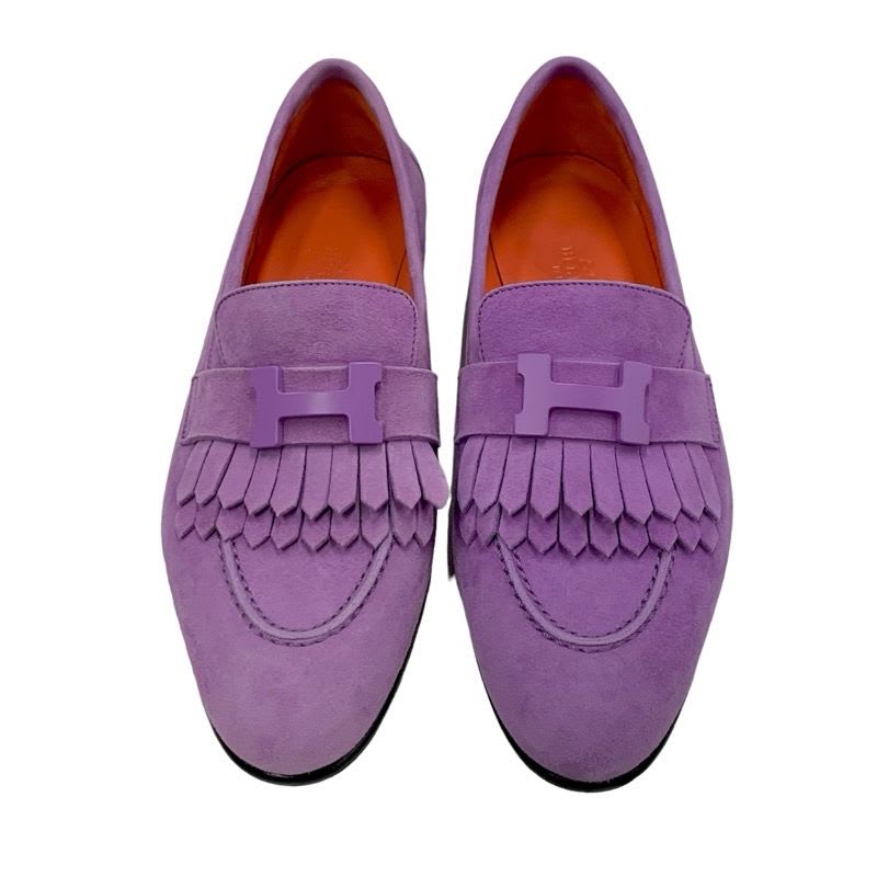 Hermes Royale Loafer Leather Shoes Suede Purple Moccasin Flat Hhardware — view 2