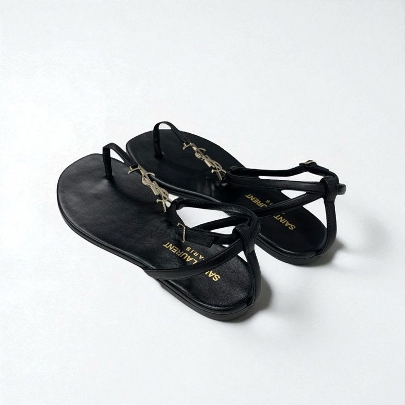 Saint Laurent Cassandra Sandals Shoes Leather Black Gold YSL Hardware Strap — view 4
