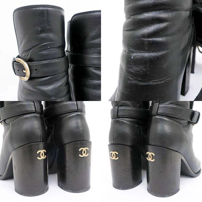 Chanel Ankle Boots 34 1 2 C Black Leather Patent CC Mark Shoes — view 6