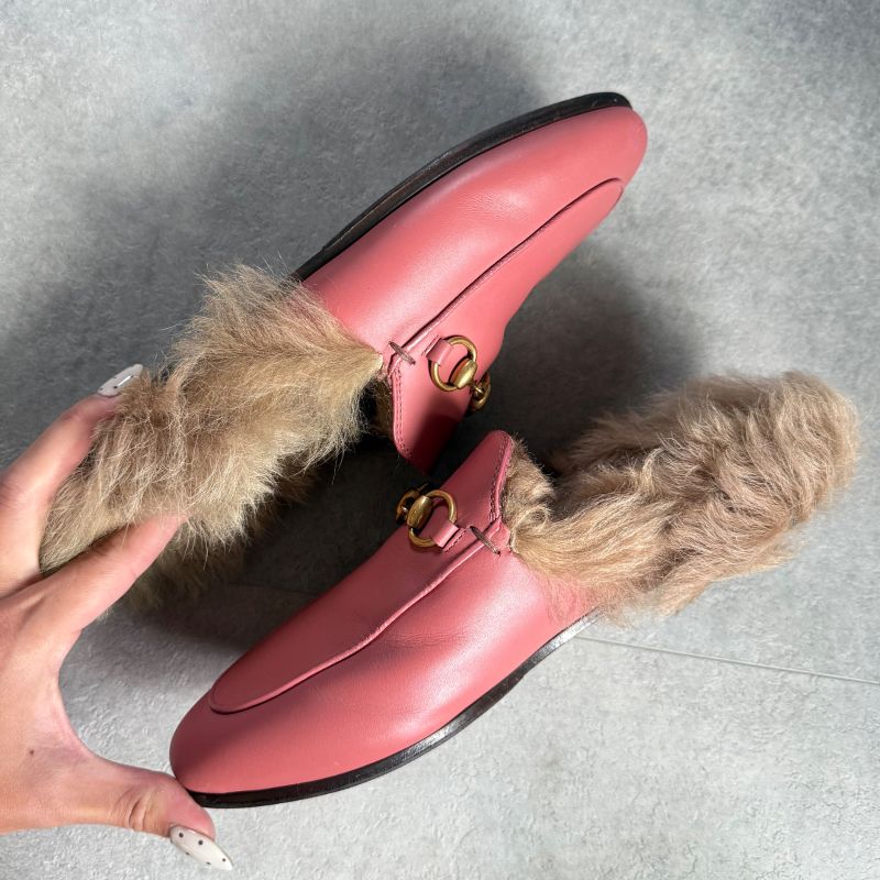Gucci Prince Town Horsebit Loafer Sandal Fur Slip on Pink Gold Hardware Leather — view 6