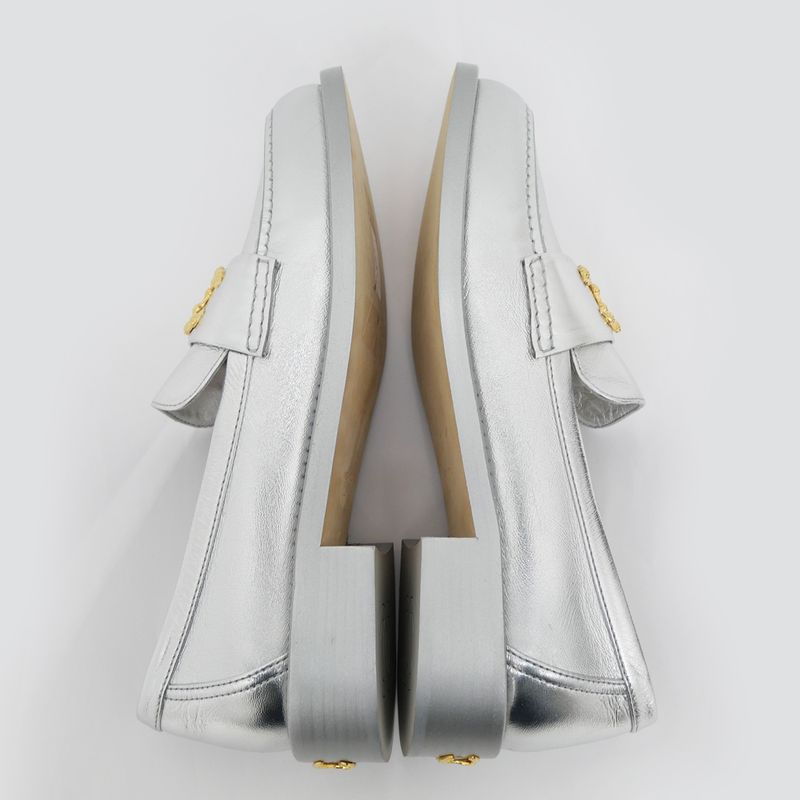 Chanel CC Logo Leather Loafers Silver Gold Hardware 37 1 2 — view 6