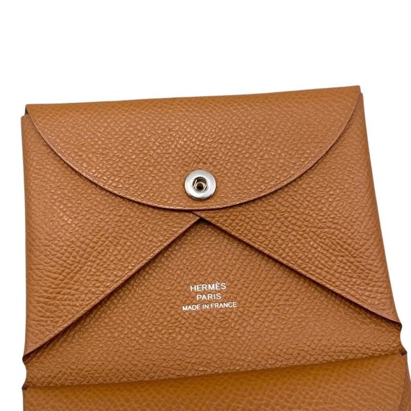 Hermes Card Case Coin Calvi Duo Engraved B Gold Brown Silver Hardware — view 7