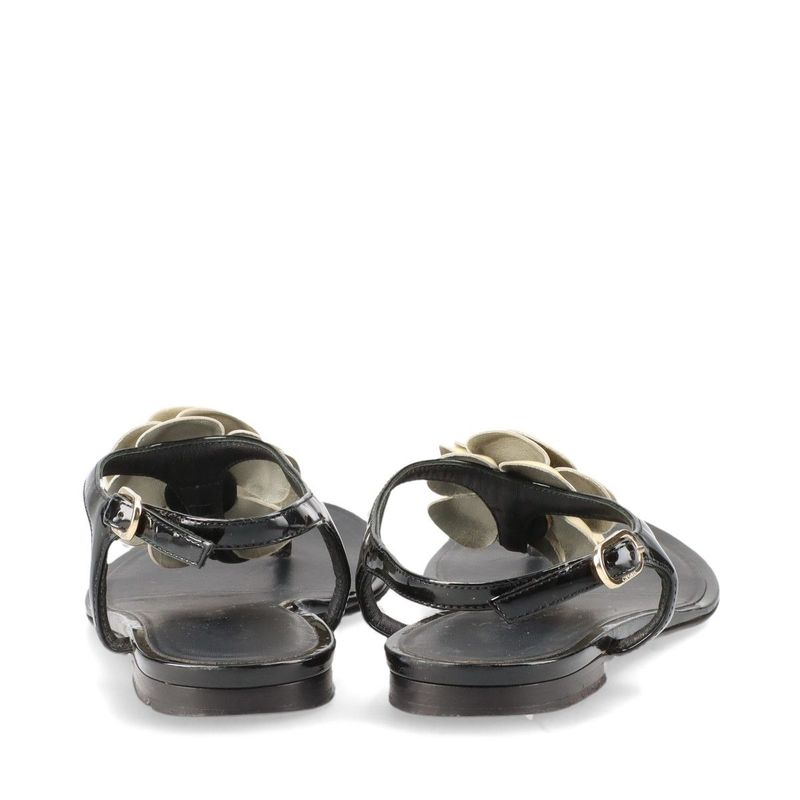 Chanel Coco Mark Camellia Patent Leather Sandals 35 C Black And Ivory — view 6