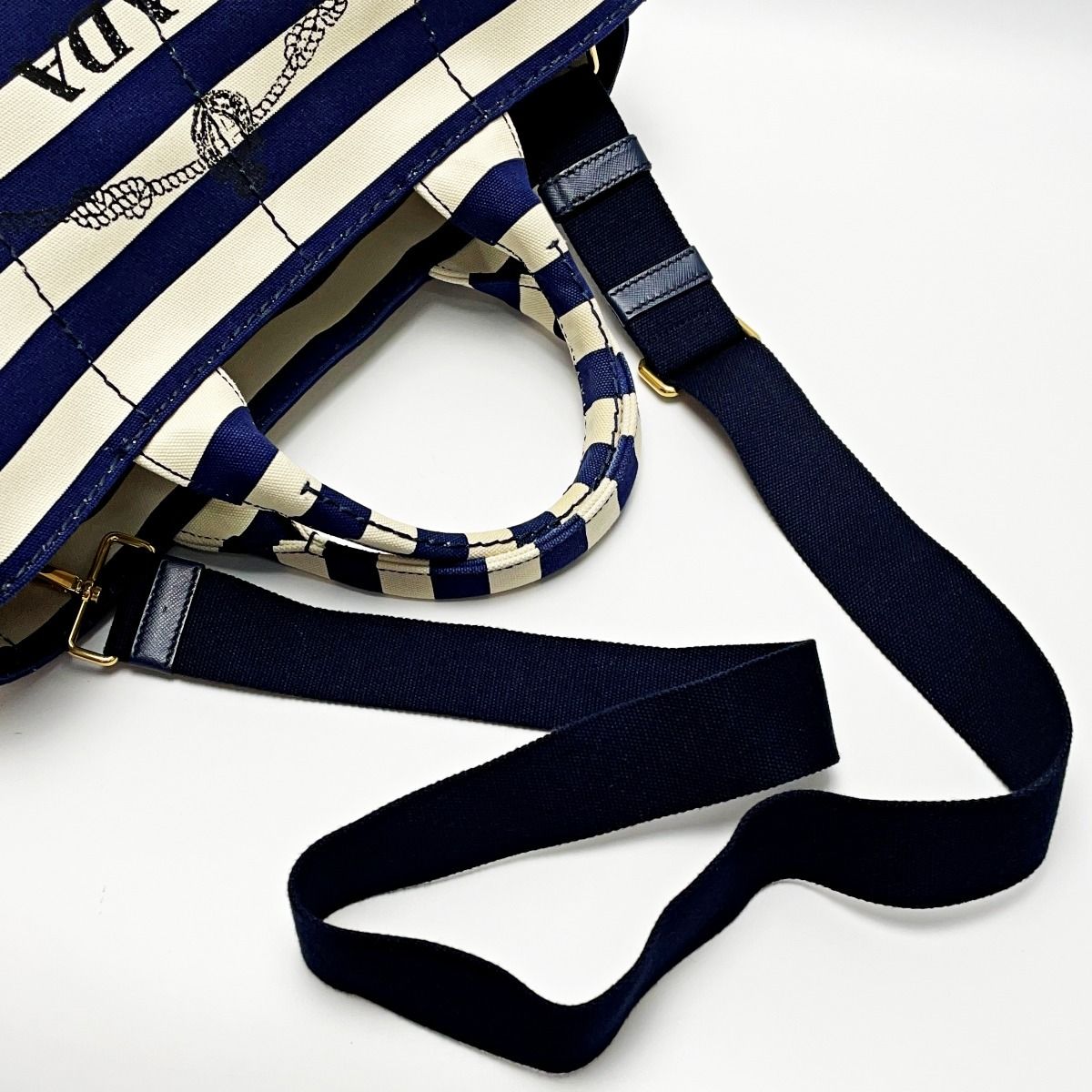 Prada Canapa B2642 B Navy Ivory Tote Canvas — view 4