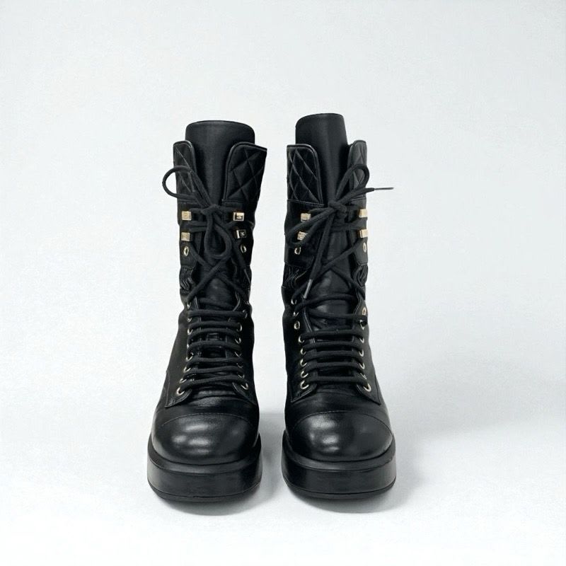 Chanel Boots Short Shoes Leather Black Coco Mark Quilted Lace Up Middle — view 2