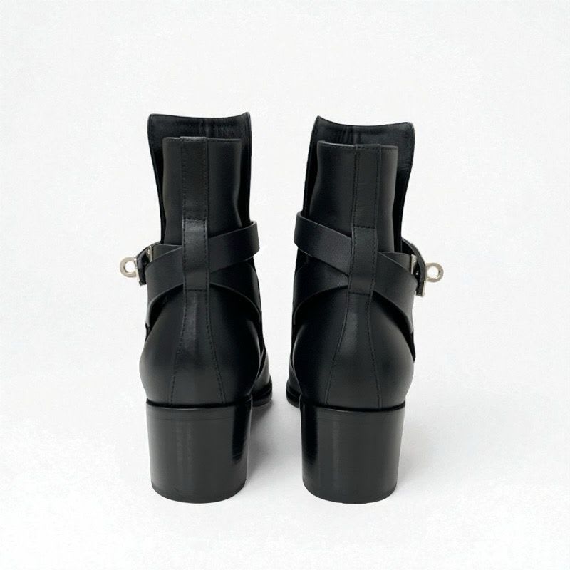 Hermes Frenchie Boots Short Shoes Leather Black Silver Kelly Hardware — view 5