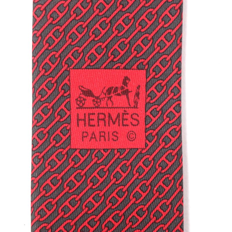 Hermes 5261 100% Silk Anthracite Rouge Cravat Chaine D'ancre Patterned Tie — view 6