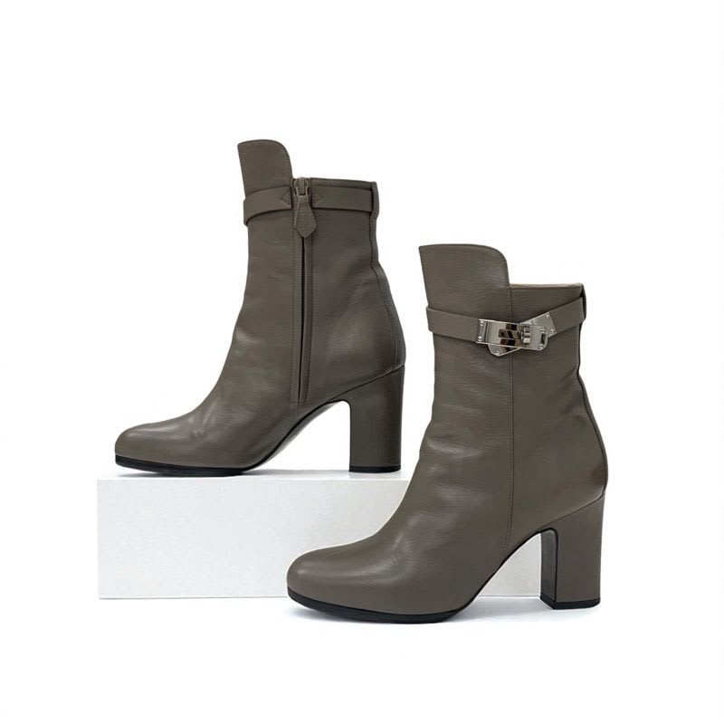 Hermes Boots Short Shoes Leather Grey Silver Kelly Hardware — view 4