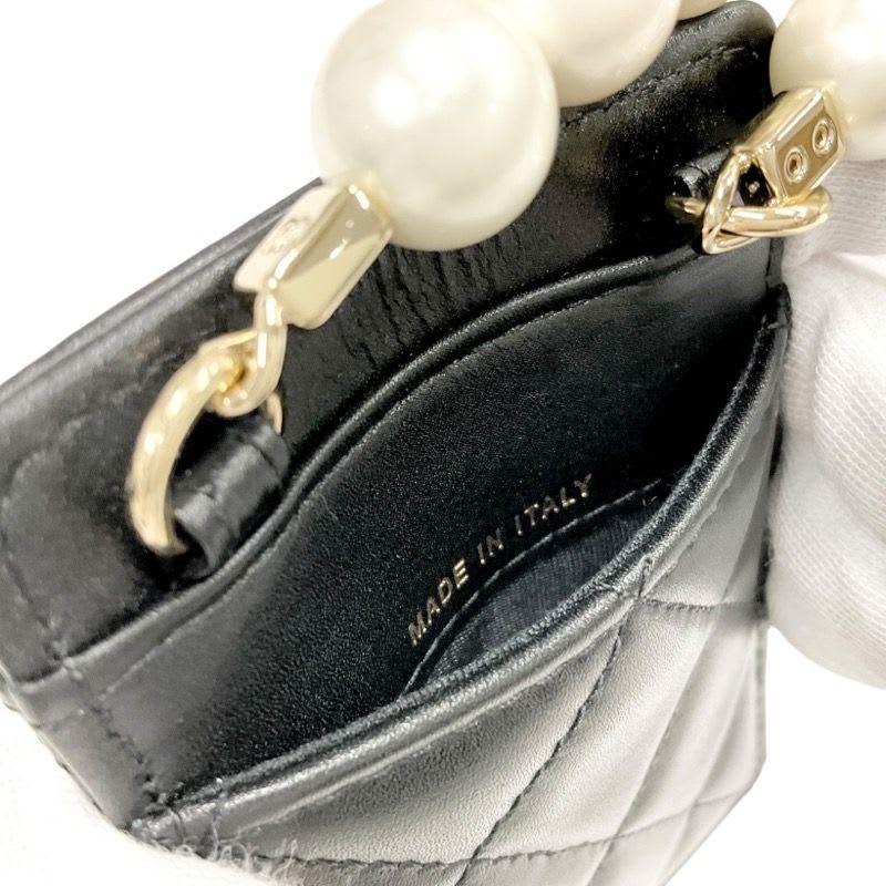 Chanel Card Case Holder Pass Black Gold Coco Mark Quilted Pearl — view 8