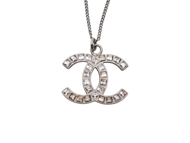 Chanel CC Logo Square Rhinestone Necklace 48 Silver Metal — view 2