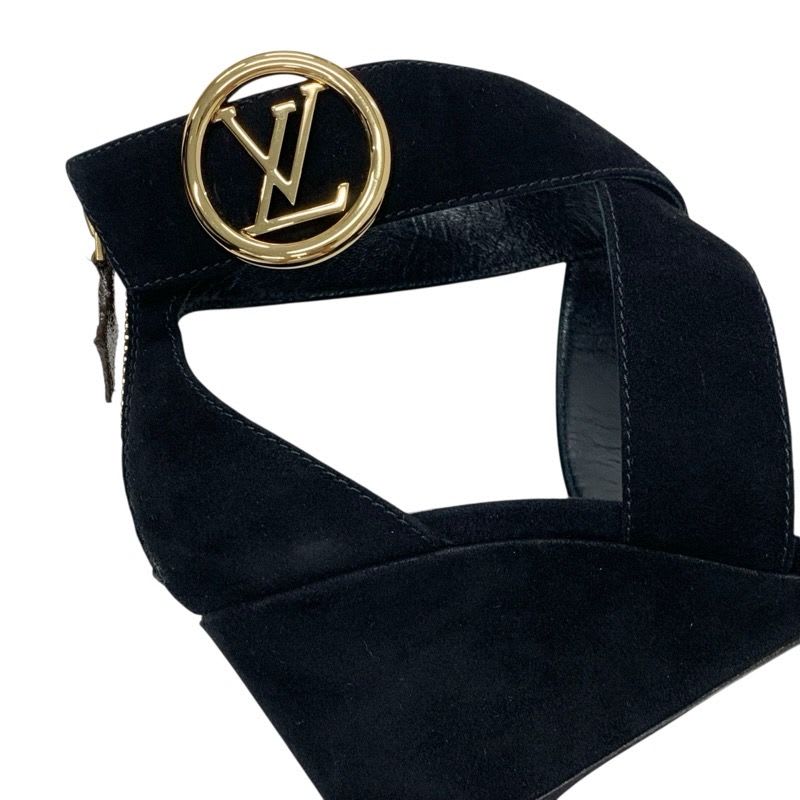 Louis Vuitton Horizon Line Sandals Shoes Suede Black Gold Lvhardware Wedge Sole — view 9