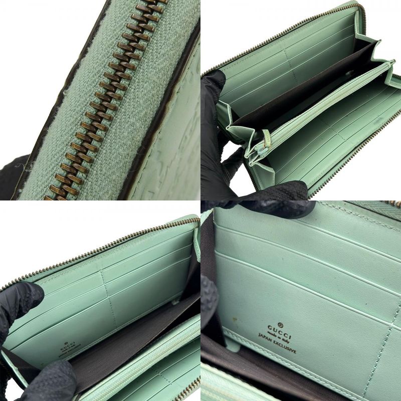 Gucci Long Wallet Round Zipper Sima Leather Mint Green Color Linea Cat — view 7