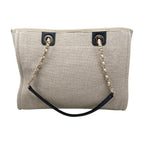 Chanel Tote Bag Deauville MM Canvas Chain Logo Beige Black Gold Hardware — view 2