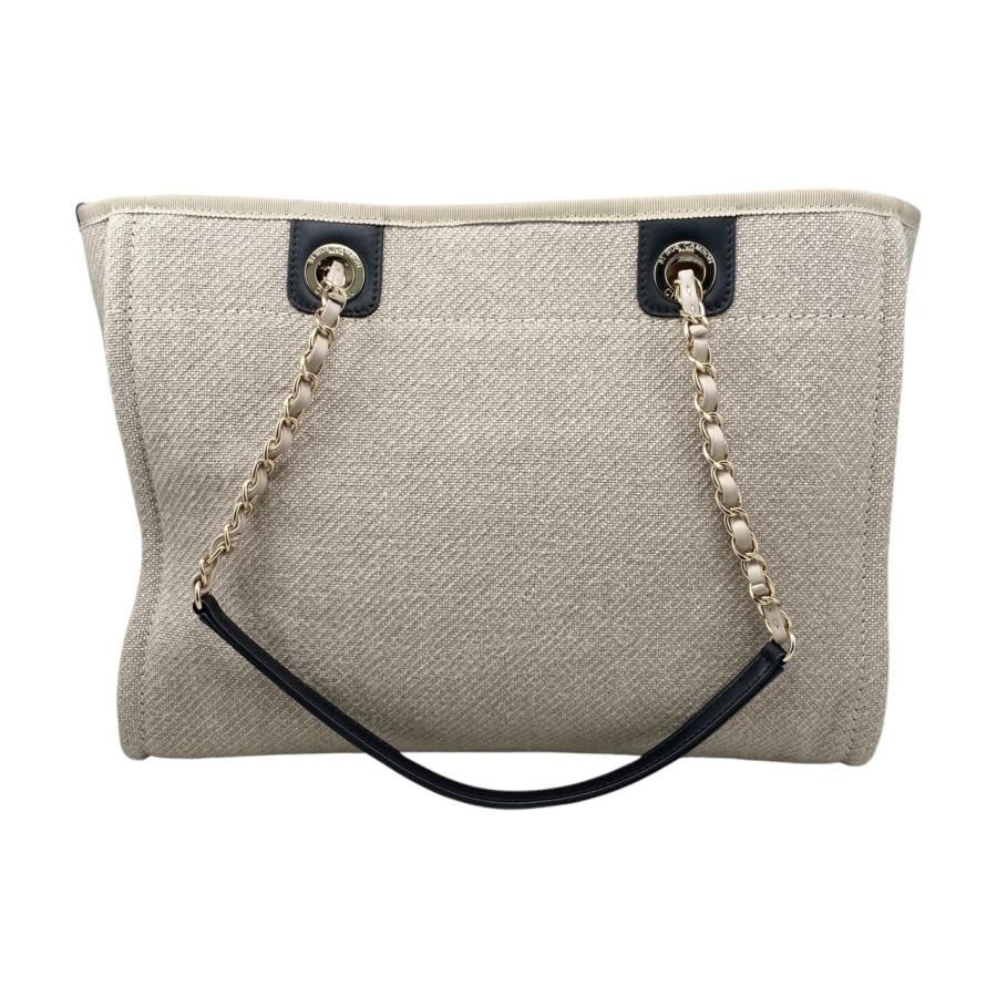 Chanel Tote Bag Deauville MM Canvas Chain Logo Beige Black Gold Hardware — view 2