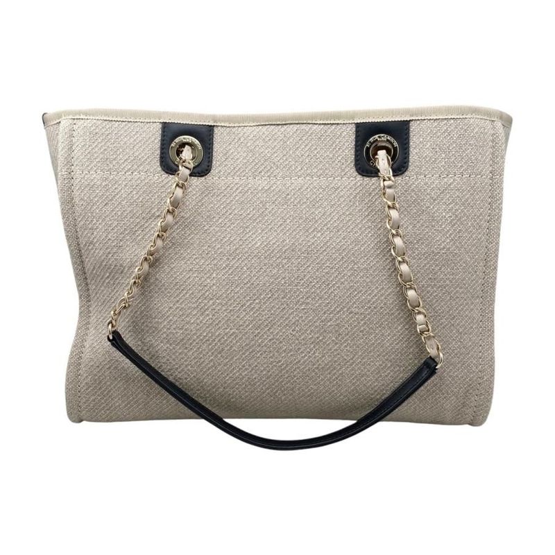 Chanel Tote Bag Deauville MM Canvas Chain Logo Beige Black Gold Hardware — view 2