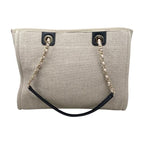 Chanel Tote Bag Deauville MM Canvas Chain Logo Beige Black Gold Hardware — view 2