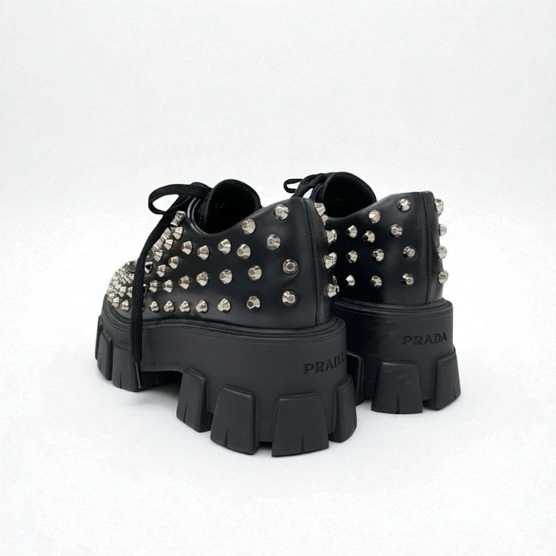 Prada Monolith Loafers Leather Shoes Black Silver Studded Lace Up — view 4
