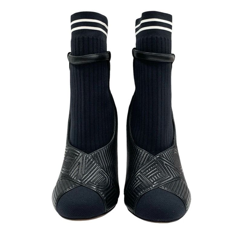 Fendi Rococo Boots Short Shoes Fabric Leather Black White Logo Sock — view 2