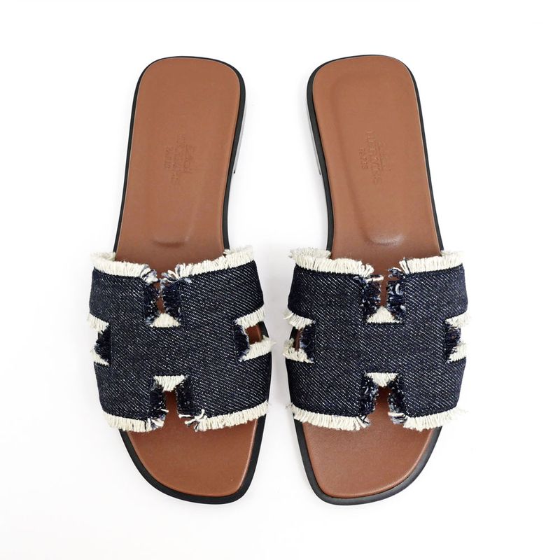 Hermes Oran Fringe BL Denim Navy Brown 36 Sandals Shoes — view 7