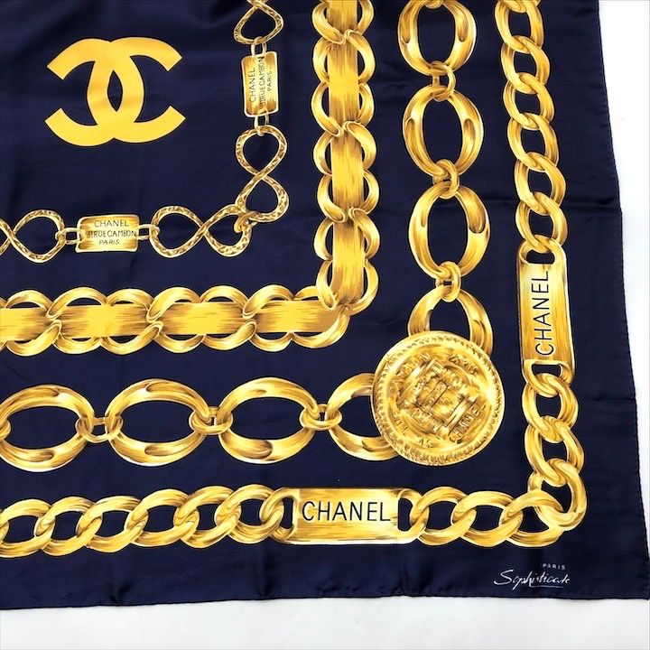 Chanel Chain Logo Scarf Large Silk 100% Navy — view 5