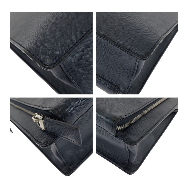 Prada Saffiano Triangle Logo Plate Navy Silver Hardware Leather Business Bag — view 3