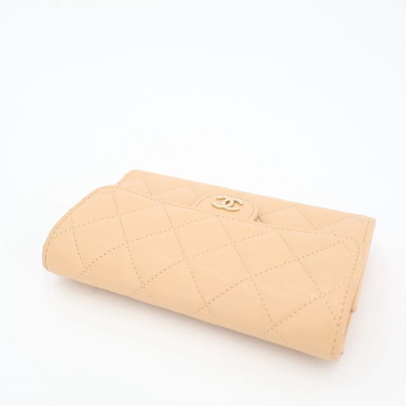 Chanel Quilted Three-fold Long Wallet Coco Mark Lambskin Beige Silver Hardware — view 9
