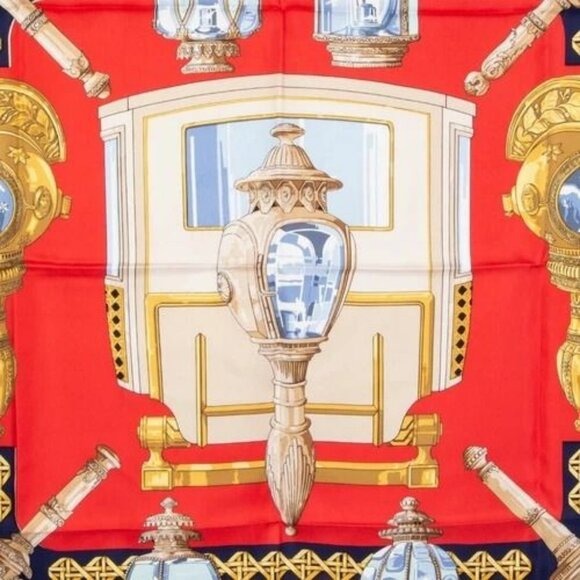 Hermes Silk Scarf Carre 90 FEUX de ROUTE Carriage Lantern Red — view 3