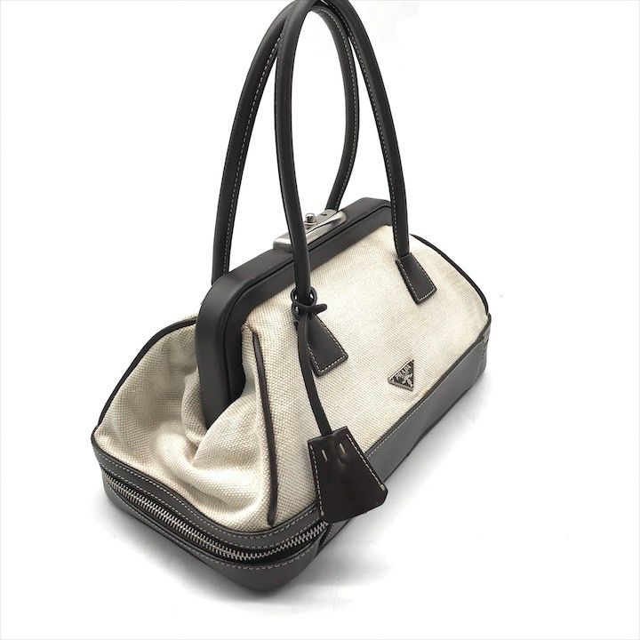 Prada Canvas Leather Mini Hand Bag Clasp Brown — view 2