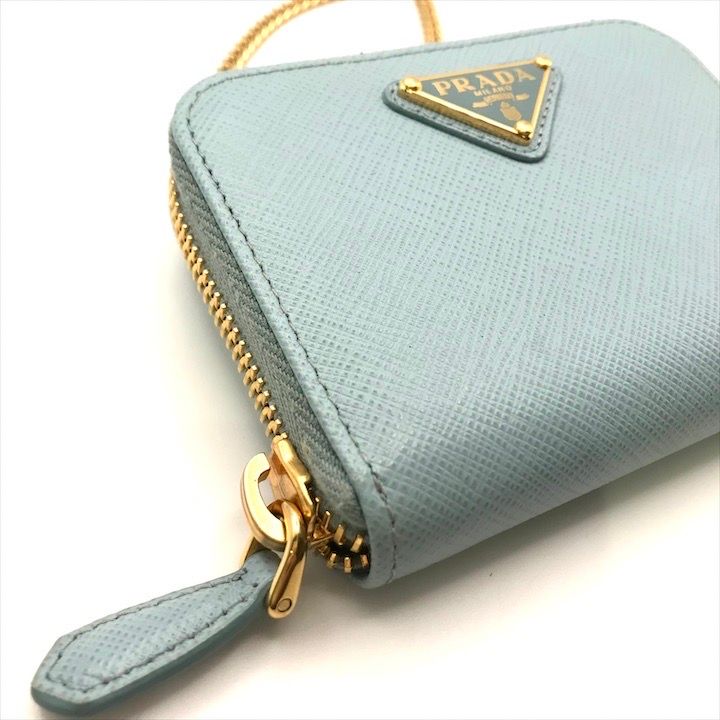 Prada Saffiano Leather Chain Shoulder Card Case Wallet Blue — view 5