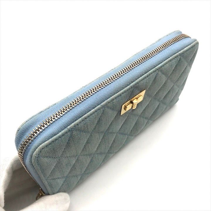Chanel CC Logo Quilted Denim Zip Around Wallet Blue — view 6