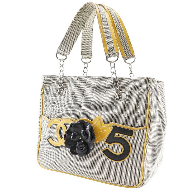 Chanel Camellia NO5 Chocolate Bar Chain Tote Canvas Gray Yellow Bag — view 2