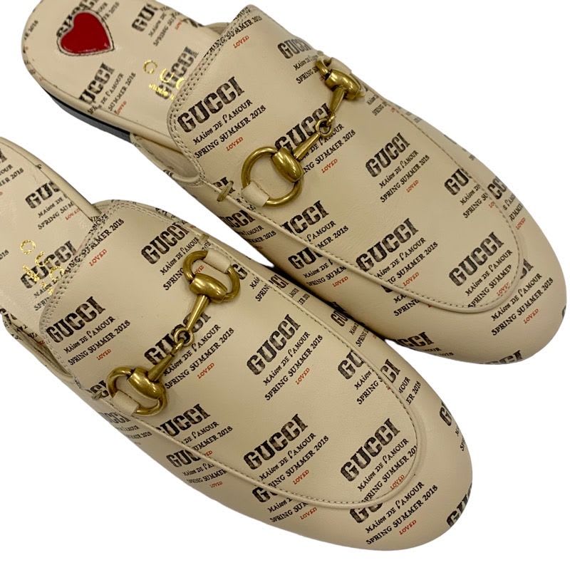 Gucci Prince Town Flat Shoes Leather Beige Red Gold Mule Slipper Sandals — view 9