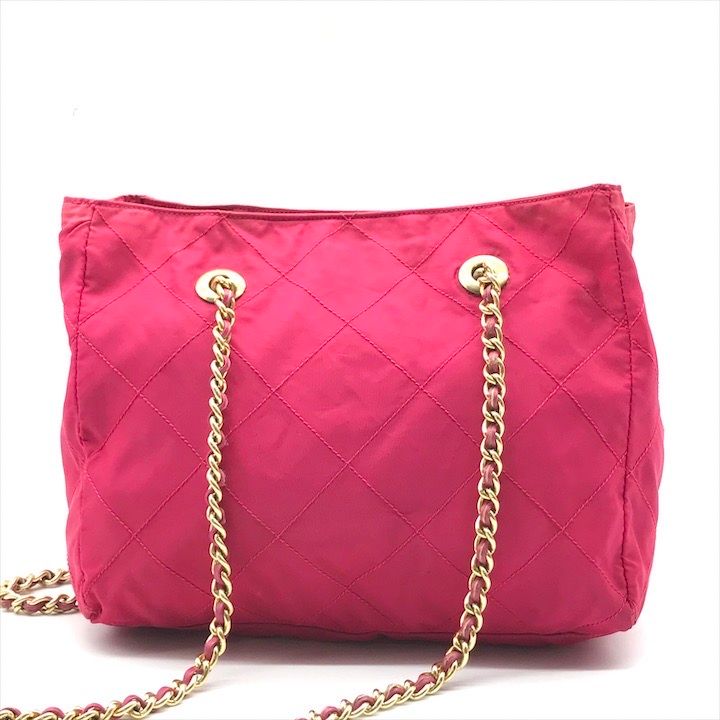 Prada Triangle Logo Tessuto Nylon Quilted Chain Tote Pink — view 3