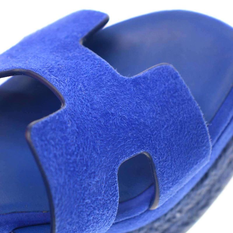 Hermes 24 SS Espadrille Elda Suede Leather Wedge Sole Sandals Blue 35 — view 7