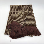 Fendi Zucca Pattern Fringe Muffler Brown Wool Stole Scarf — view 2
