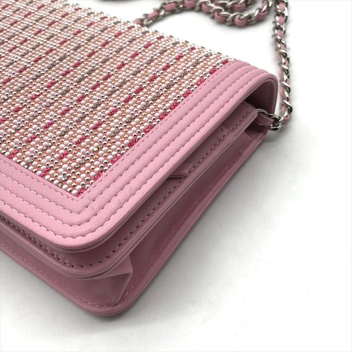 Chanel CC Logo Rhinestone Chain Wallet Shoulder Bag Pink — view 6