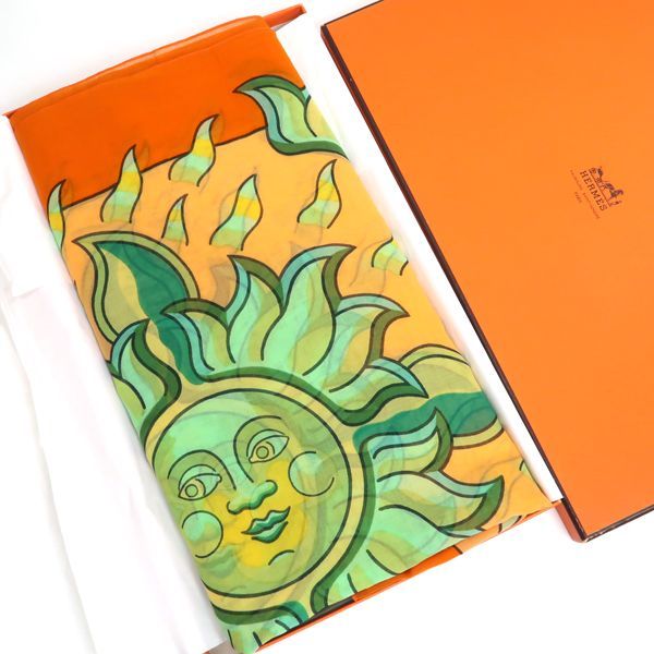 Hermes Pareo Sun Motif 100% Cotton Orange Large Shawl — view 4