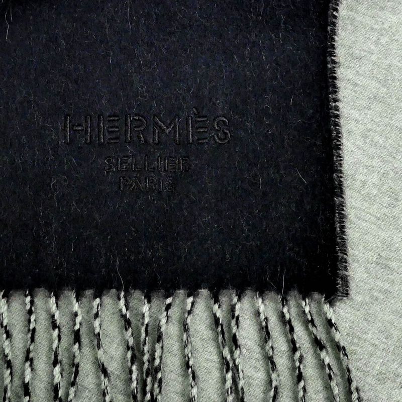 Hermes Muffler Shawl Double Face Black Beige Cine Cashmere 100% Scarf — view 7
