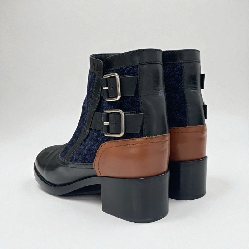 Chanel Boots Short Shoes Tweed Black Navy Brown Logo Belt — view 5