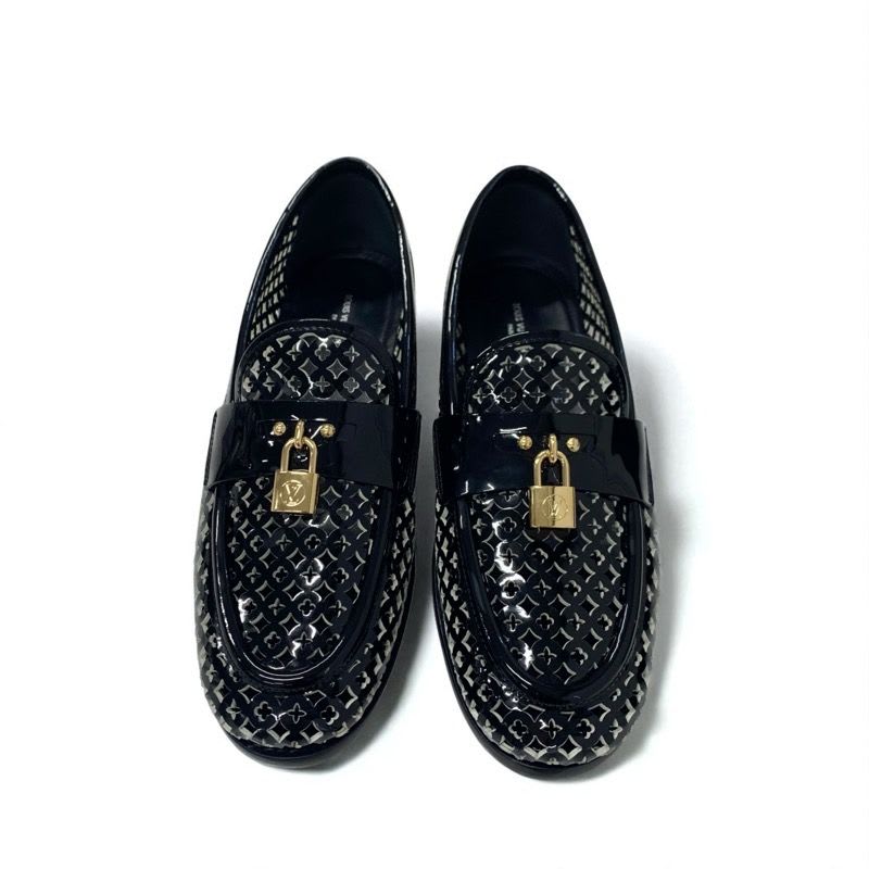 Louis Vuitton Chess Line Monogram Loafers Leather Shoes Patent Black Gold Logo — view 2